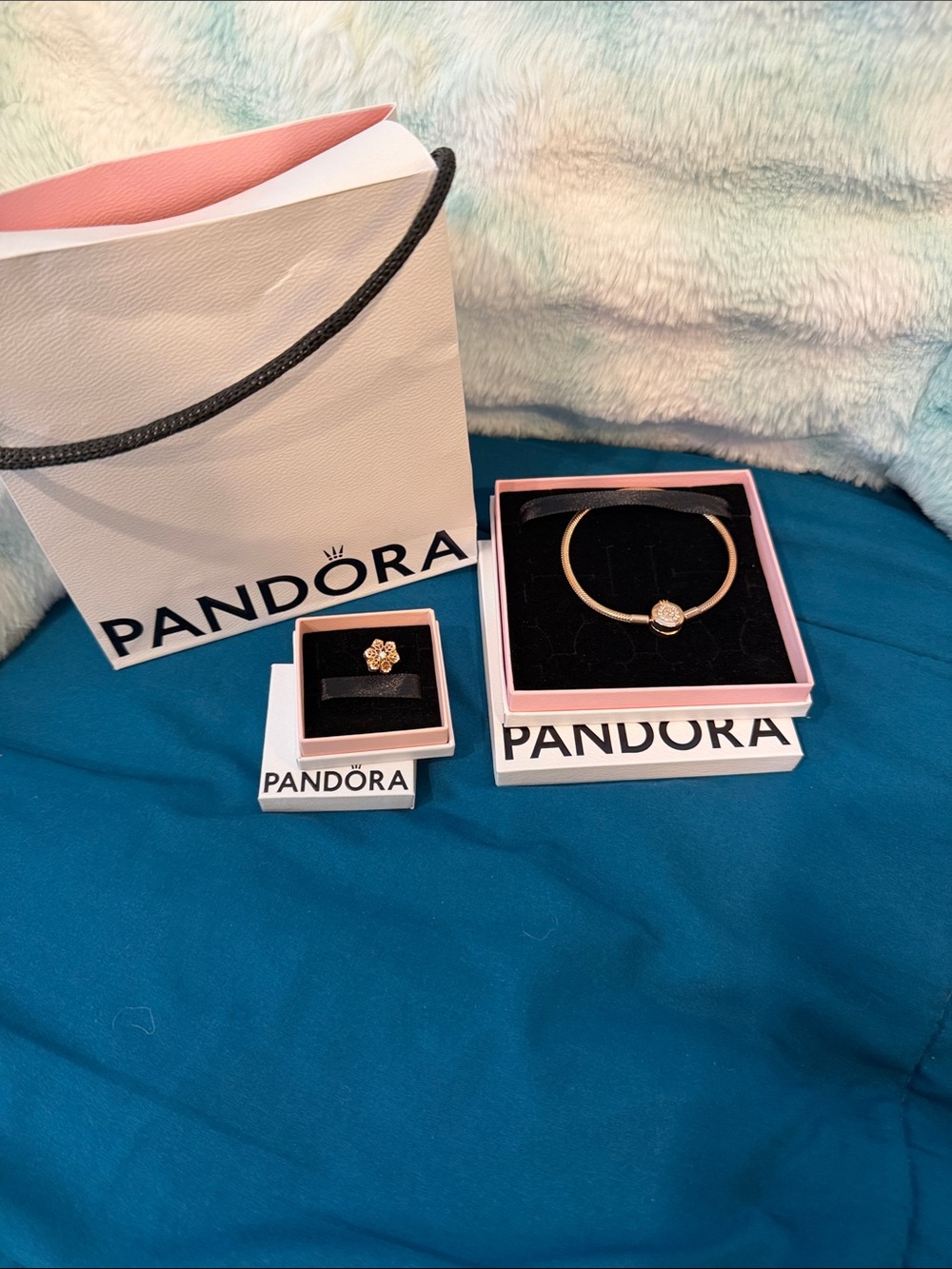 #522. Pandora Rose Gold Bangle Bracelet with Sparkling Pink Snowflake Charm